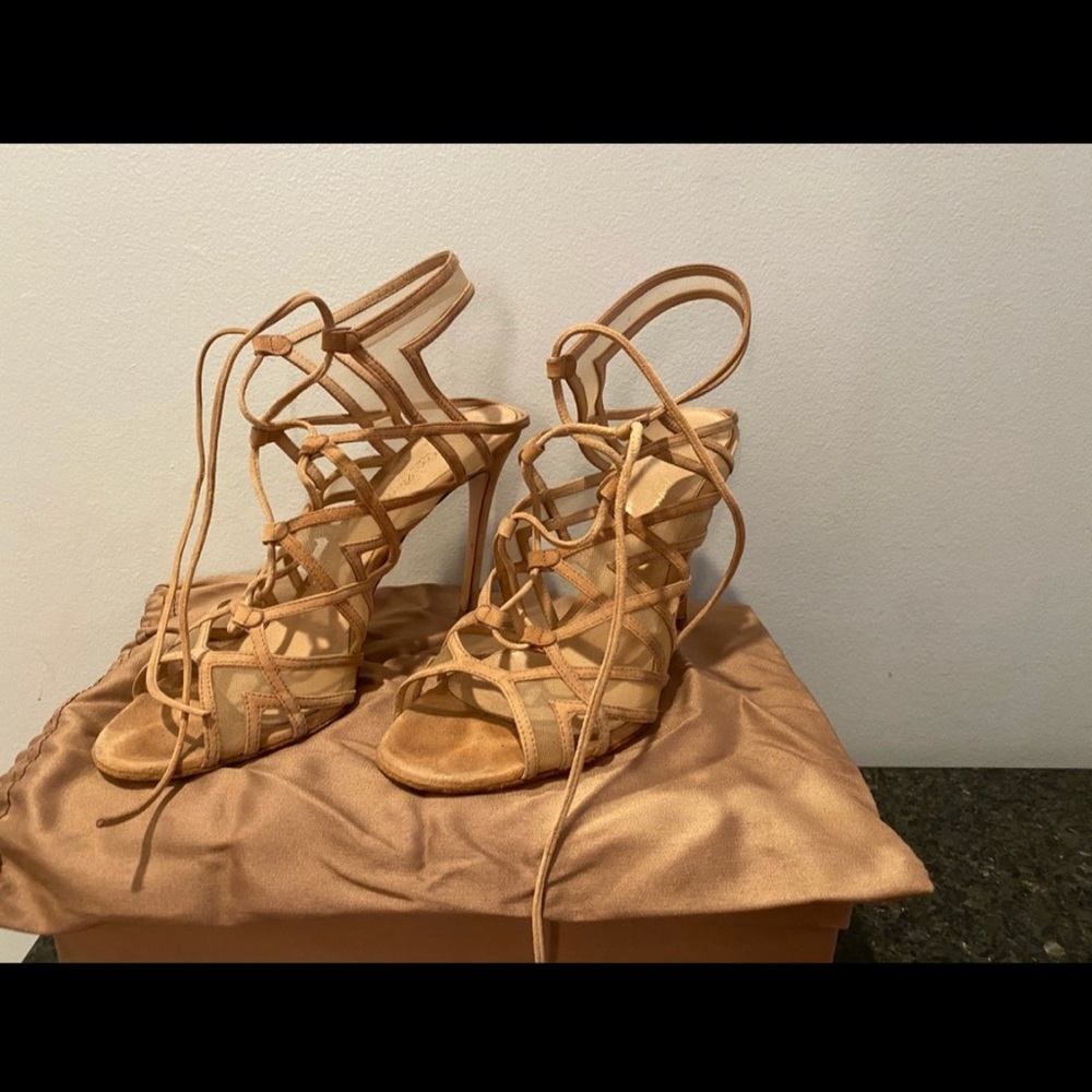 Gianvito Rossi Lace Up Heel Nude Pumps